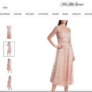 THEIA Floral Appliqué Illusion Midi A-Line Dress